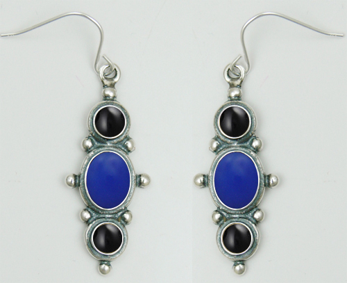 Sterling Silver Drop Dangle Earrings With Blue Onyx And Black Onyx